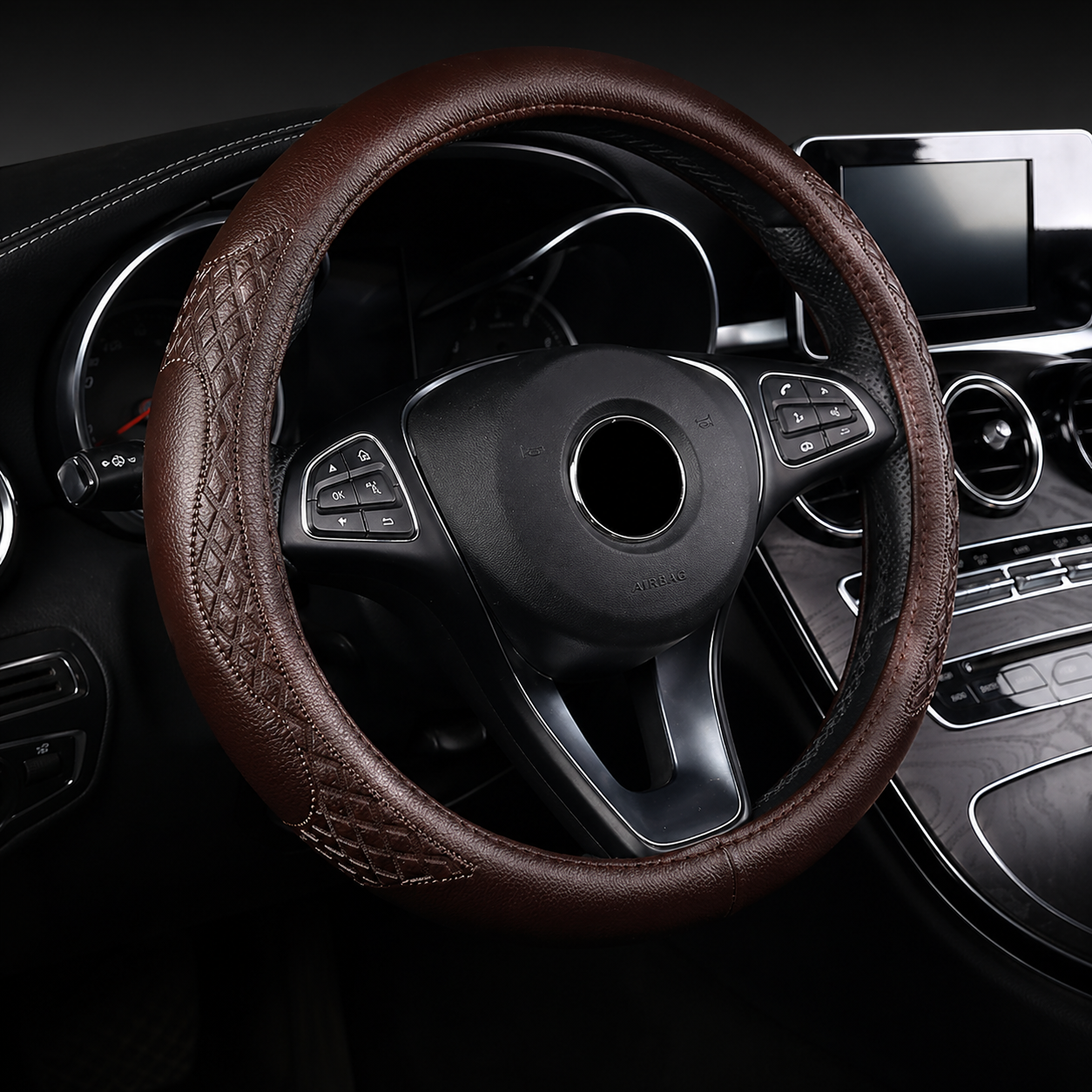 Universal Leather Steering Wheel Cover (14.5–15”) – NEW
